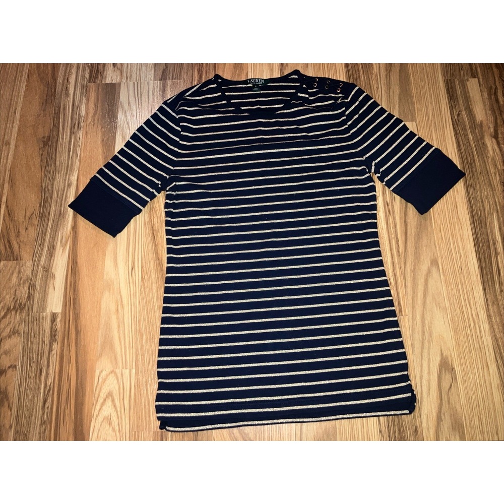 Lauren Ralph Lauren Women's Size M Navy Blue x Gold Border Striped Stretch Top